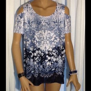 Blue/white Cutout Cold Shoulder Top